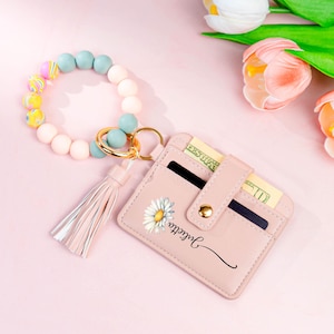 Kundenspezifische Geburts-Blumen für Tochter, Freund, Mutter, personalisierte Schlüsselbund-Handgelenk-Leder-Mappe, kundenspezifischer Schlüsselbund, Armband, Damenbrieftasche