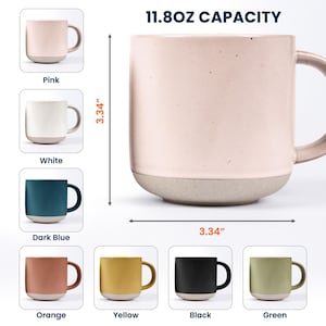 May include: A ceramic mug with an 11.8oz capacity, measuring 3.34 inches in height and 3.34 inches in width. The mug features a two-tone design with a colored upper section and a light beige base. Available in pink, white, dark blue, orange, yellow, black, and green.