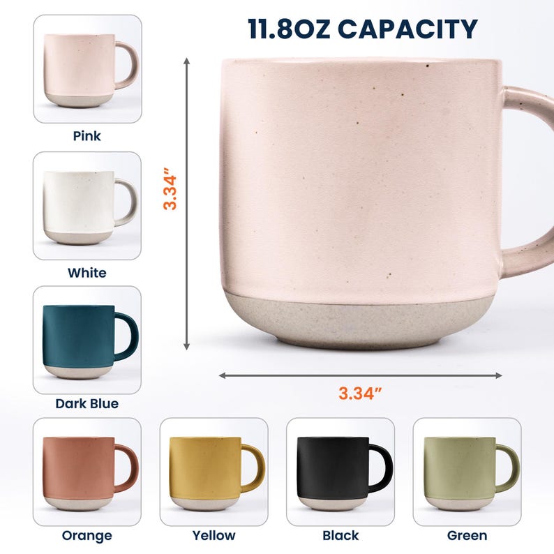 May include: A ceramic mug with an 11.8oz capacity, measuring 3.34 inches in height and 3.34 inches in width. The mug features a two-tone design with a colored upper section and a light beige base. Available in pink, white, dark blue, orange, yellow, black, and green.
