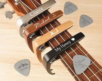 Personalized Guitar Capo With Pick, Vintage Monogram For Guitarist, Guitar Lover, Custom Music Gift for Dad Custom Capo with Wood Grain