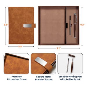 May include: A tan PU leather notebook with a silver metal buckle closure, measuring 8.5 inches by 5.9 inches. The set includes a matching pen and refill in a 9.2-inch box. Features include a premium cover, secure metal buckle, and a refillable pen.