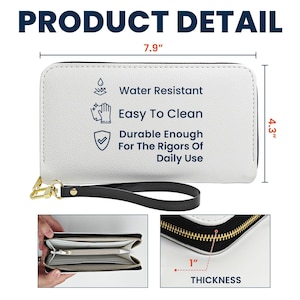 May include: White wallet with black trim, a wrist strap, and a gold zipper. The wallet is 7.9 inches long, 4.3 inches high, and 1 inch thick. Features include water resistance, easy cleaning, and durability for daily use.