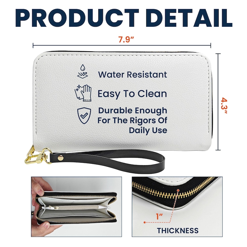 May include: White wallet with black trim, a wrist strap, and a gold zipper. The wallet is 7.9 inches long, 4.3 inches high, and 1 inch thick. Features include water resistance, easy cleaning, and durability for daily use.