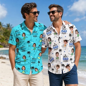 May include: Two men wearing Hawaiian shirts. One is light blue with "Best Father Ever" text and cartoon illustrations. The other is white with "Best Dad Ever" text and similar illustrations, both with a tropical theme.