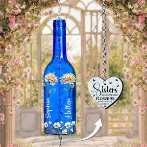 Personalized Wine Bottle Wind Chime: Sisters Garden, Recycled Glass