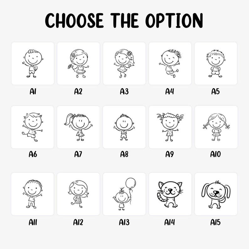 Peut inclure: Une grille d'illustrations en noir et blanc repr&eacute;sentant des enfants et des animaux. Le texte "CHOOSE THE OPTION" est en haut. Chaque image est &eacute;tiquet&eacute;e avec une lettre et un num&eacute;ro, comme A1, A2, A3, etc.