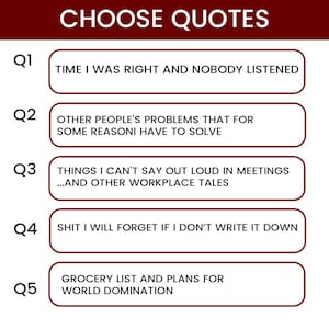 K&ouml;nnte beinhalten: Grafik mit dem Text "CHOOSE QUOTES". F&uuml;nf Zitate in rechteckigen K&auml;stchen, darunter "TIME I WAS RIGHT AND NOBODY LISTENED" und "GROCERY LIST AND PLANS FOR WORLD DOMINATION".