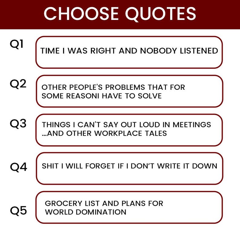 K&ouml;nnte beinhalten: Grafik mit dem Text "CHOOSE QUOTES". F&uuml;nf Zitate in rechteckigen K&auml;stchen, darunter "TIME I WAS RIGHT AND NOBODY LISTENED" und "GROCERY LIST AND PLANS FOR WORLD DOMINATION".