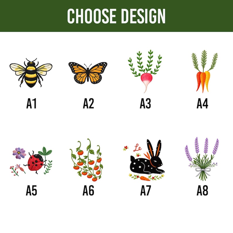 Op de afbeelding: Een ontwerpselectiekaart met de titel CHOOSE DESIGN met acht iconen gelabeld van A1 tot A8. De iconen bevatten een bij, monarchvlinder, radijs, wortels, lieveheersbeestje met bloemen, tomatenplant, zwarte konijn met de tekst Le en lavendel.