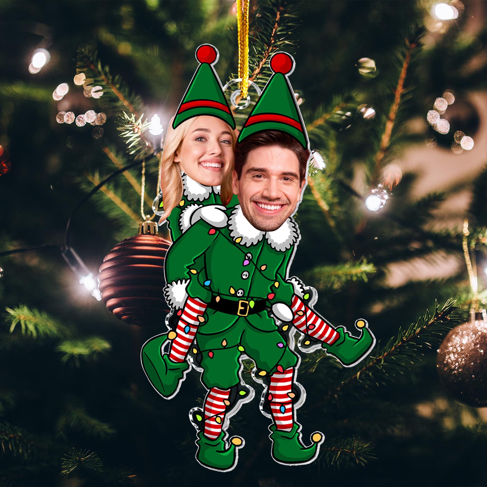 Personalized Couple Funny Elf Photo Ornament, Custom Funny Face For Husband Wife, Photo Gift For Valentine Christmas Anniversary Wedding