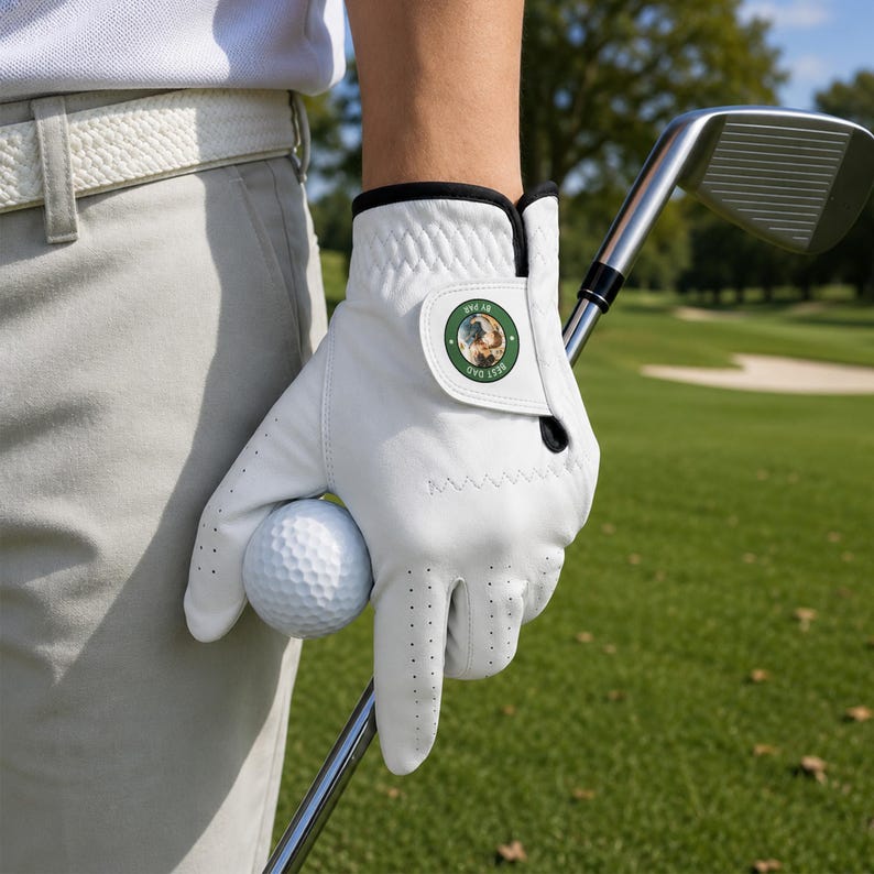 K&ouml;nnte beinhalten: Ein wei&szlig;er Golfhandschuh mit einem runden gr&uuml;nen Aufn&auml;her am Handgelenkverschluss, der den Text BEST DAD und eine kleine Grafik zeigt. Der Handschuh hat perforierte Finger, einen schwarzen Rand und h&auml;lt einen wei&szlig;en Golfball an einem Golfschl&auml;ger.