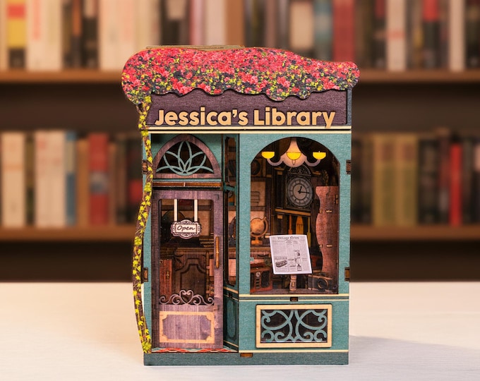 My Library & Old Bookstore, Personalized DIY Book Nook Kit, Wooden Puzzle Book Nook with LED Light for Dollhouse Decor, Gift for Book Lover