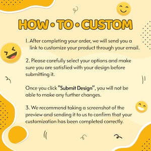 May include: A light yellow instructional graphic titled HOW TO CUSTOM with three numbered steps. It explains the process of receiving an email link, selecting design options, clicking Submit Design, and sending a screenshot for confirmation.