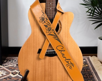 Custom Birth Flower Leather Guitar Strap, Personalzied Mothers Day Gift For Her, Unique Floral Acoustic Bass Accessories, Woman Musician