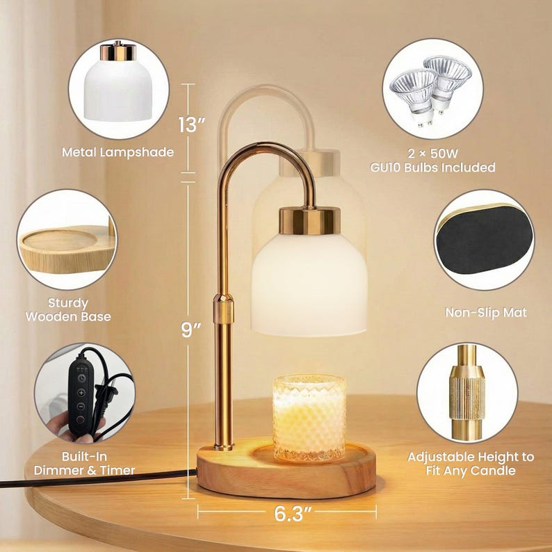 May include: A candle warmer with a white metal lampshade, a sturdy wooden base, and a gold-colored metal frame. The warmer is 13 inches tall and 6.3 inches wide. Includes a non-slip mat and built-in dimmer and timer.