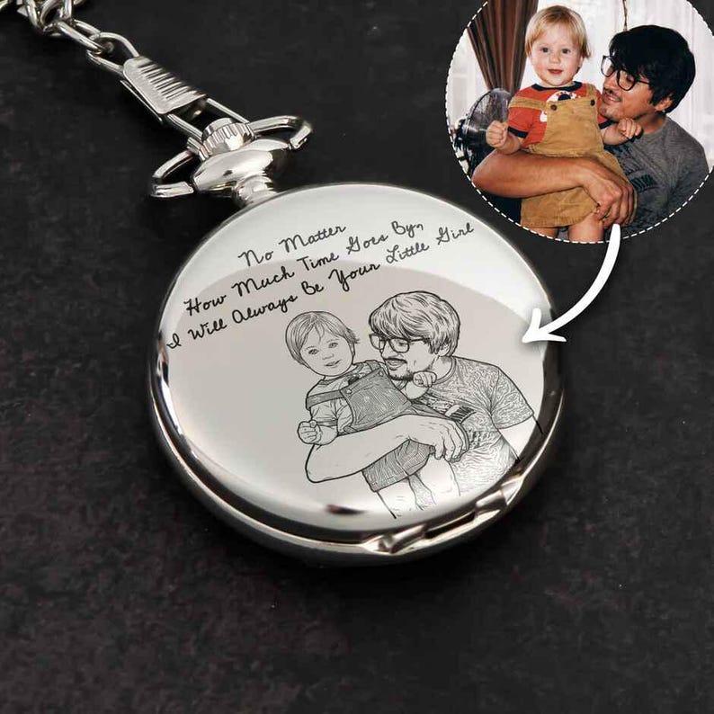 Puede incluir: Un reloj de bolsillo plateado con cadena, con una imagen grabada de un padre y un ni&ntilde;o. La esfera del reloj incluye el texto: "No Matter How Much Time Goes By, I Will Always Be Your Little Girl."