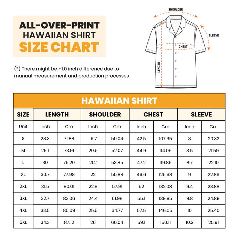 Peut inclure: Tableau des tailles de chemises hawa&iuml;ennes avec mesures en pouces et centim&egrave;tres. Comprend les dimensions de la longueur, des &eacute;paules, de la poitrine et des manches pour les tailles S &agrave; 5XL. Un sch&eacute;ma d'une chemise hawa&iuml;enne est &eacute;galement affich&eacute;.
