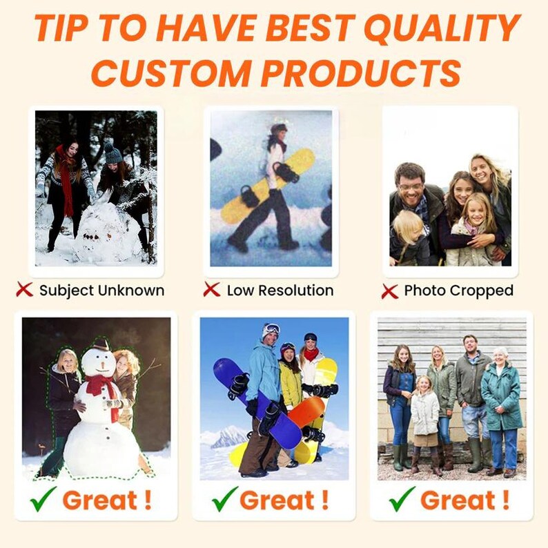 Puede incluir: Imagen con el texto "TIP TO HAVE BEST QUALITY CUSTOM PRODUCTS". La imagen muestra ejemplos de productos personalizados con el texto "Subject Unknown", "Low Resolution" y "Photo Cropped" con un s&iacute;mbolo "X". La imagen tambi&eacute;n muestra ejemplos con el texto "Great!" con una marca de verificaci&oacute;n.