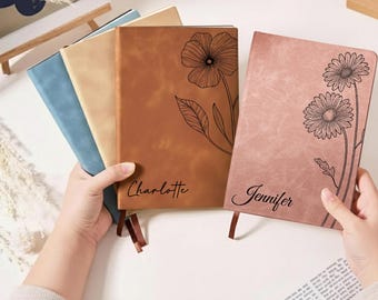 Personalized Birth Month Flower Leather Journal, Custom Name Journal Birth Flower, Women Prayer Journal, Wellness Journal,Gratitude Notebook