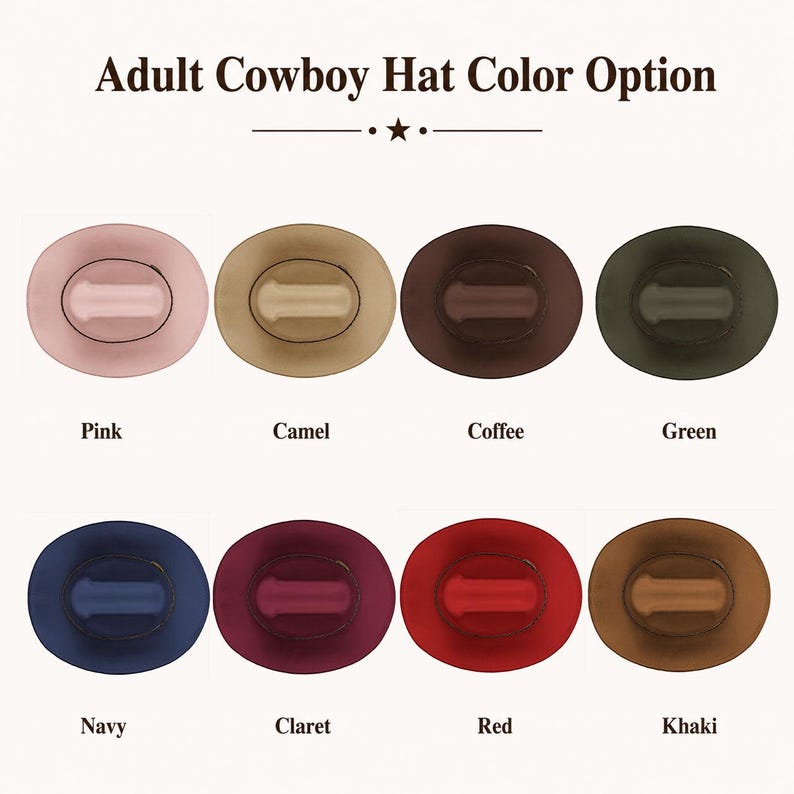 Pode incluir: Uma tabela de cores para chap&eacute;u de cowboy adulto com oito vistas superiores de chap&eacute;us em rosa, camelo, caf&eacute;, verde, azul marinho, bord&ocirc;, vermelho e c&aacute;qui. O texto no topo diz Adult Cowboy Hat Color Option, com cada cor rotulada abaixo do chap&eacute;u.