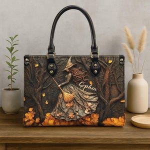 Personalized Spooky Witch Leather Bag: Gothic Halloween Tote