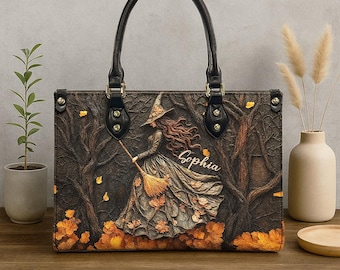 Personalized Spooky Witch Leather Bag: Gothic Halloween Tote