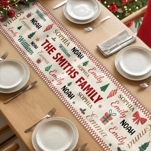 May include: A beige Christmas table runner with a red and white border. The runner features the text "THE SMITHS FAMILY" in red, along with names and festive graphics like Christmas trees and gifts.
