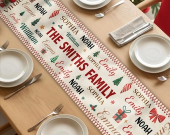Familie Name Wort Weihnachtsthema, personalisierte Tischläufer, Familie Weihnachtsgeschenk, Weihnachtsteppich Läufer, Urlaub Dekoration Geschenk