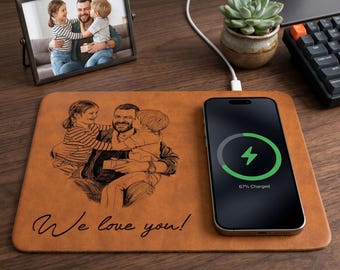 Personalized Fathers Day Gift Custom Photo Sketch Charging Pad, Custom Wireless Charger Pad For Husband Dad, Office Husband Desk Decor