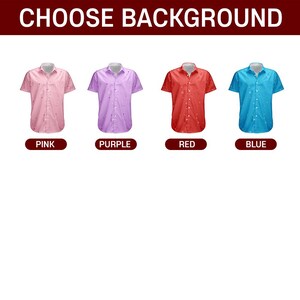 Peut inclure: Quatre chemises &agrave; manches courtes boutonn&eacute;es, roses, violettes, rouges et bleues. Chaque chemise a un col blanc et un motif subtil. Le texte "CHOOSE BACKGROUND" est en haut, avec des &eacute;tiquettes de couleur en dessous.