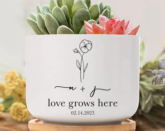 Personalized Ceramic Plant Pot: Love Grows Here, Engagement Gift