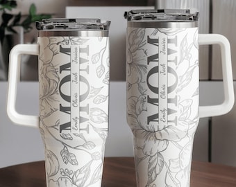 Personalized Floral Mom Tumbler: Custom Kids' Names, 40oz Stainless Steel