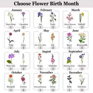 May include: A chart showing the birth month flowers. Each month has two flowers, with the name of the flower and the number 1 or 2 below it. The flowers are illustrated in color.