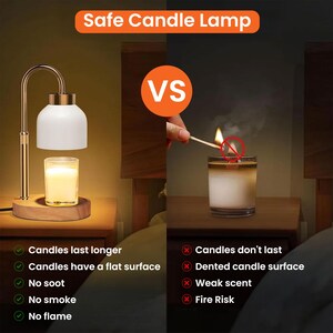 May include: A Safe Candle Lamp is shown next to a lit candle. The lamp has a white shade, a gold-colored arm, and a wooden base. The text reads "Safe Candle Lamp" and lists the benefits of the lamp versus a lit candle.