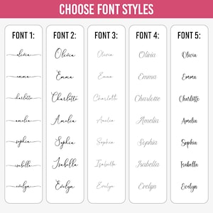 Puede incluir: Imagen que muestra cinco columnas de estilos de fuente, cada una con una selecci&oacute;n de nombres en diferentes estilos de caligraf&iacute;a. El texto "CHOOSE FONT STYLES" est&aacute; en la parte superior. Los nombres incluyen Olivia, Emma, Charlotte, Amelia, Sophia, Isabella y Evelyn.