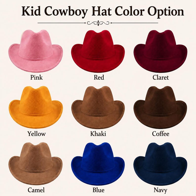 Pode incluir: Uma cole&ccedil;&atilde;o de nove chap&eacute;us de cowboy para crian&ccedil;as dispostos em uma grade, cada um com uma cor diferente: rosa, vermelho, bord&ocirc;, amarelo, c&aacute;qui, caf&eacute;, camelo, azul e azul-marinho. O texto "Kid Cowboy Hat Color Option" est&aacute; no topo.
