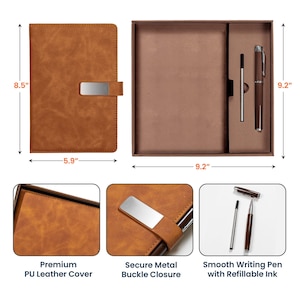 Puede incluir: Un cuaderno de cuero PU marr&oacute;n con cierre de hebilla met&aacute;lica segura, de 21,6 cm x 15 cm. Incluye un bol&iacute;grafo y recambio a juego en una caja de regalo. El bol&iacute;grafo es de escritura suave con tinta recargable.