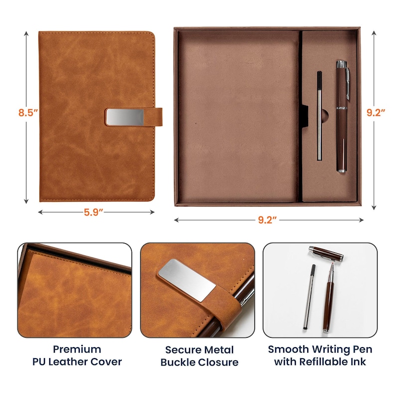 Puede incluir: Un cuaderno de cuero PU marr&oacute;n con cierre de hebilla met&aacute;lica segura, de 21,6 cm x 15 cm. Incluye un bol&iacute;grafo y recambio a juego en una caja de regalo. El bol&iacute;grafo es de escritura suave con tinta recargable.