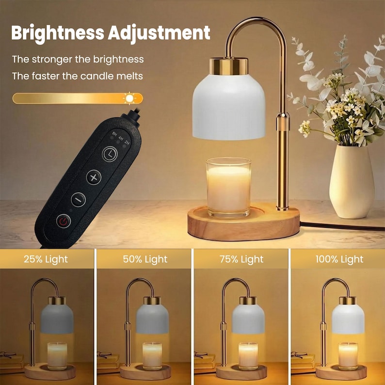 May include: A candle warmer with a white shade and gold accents, sitting on a wooden base. The image shows a remote control and four different light settings: 25%, 50%, 75%, and 100% light. The text reads "Brightness Adjustment".