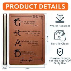 May include: A brown leather journal with the word "GRAD" embossed in black. The journal is 8.5 inches tall and 5.8 inches wide. It has a water-resistant cover and is easy to clean. The journal is durable enough for daily use.