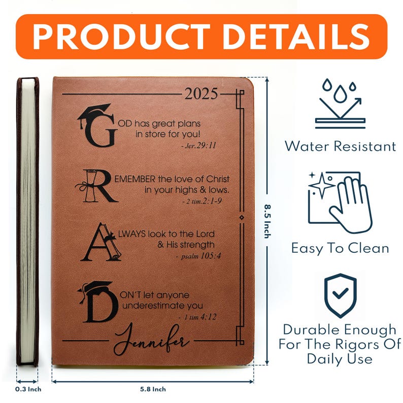 May include: A brown leather journal with the word "GRAD" embossed in black. The journal is 8.5 inches tall and 5.8 inches wide. It has a water-resistant cover and is easy to clean. The journal is durable enough for daily use.