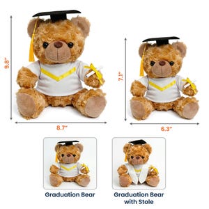 K&ouml;nnte beinhalten: Zwei braune Teddyb&auml;ren mit Abschlusskappe und -robe. Der gr&ouml;&szlig;ere B&auml;r ist 24,9 cm hoch und 22,1 cm breit. Der kleinere B&auml;r ist 18 cm hoch und 16 cm breit. Jeder B&auml;r h&auml;lt ein Diplom.