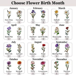 May include: A graphic featuring a grid of floral illustrations, each representing a birth month. The text "Choose Flower Birth Month" is at the top. Each month displays two flowers with their names and numbers. Includes Snow Drop, Iris, Daffodil, Sweet Pea, Hawthorn, Honeysuckle, Water Lily, Gladiolus, Morning Flory, Cosmos, Peony, and Holly.