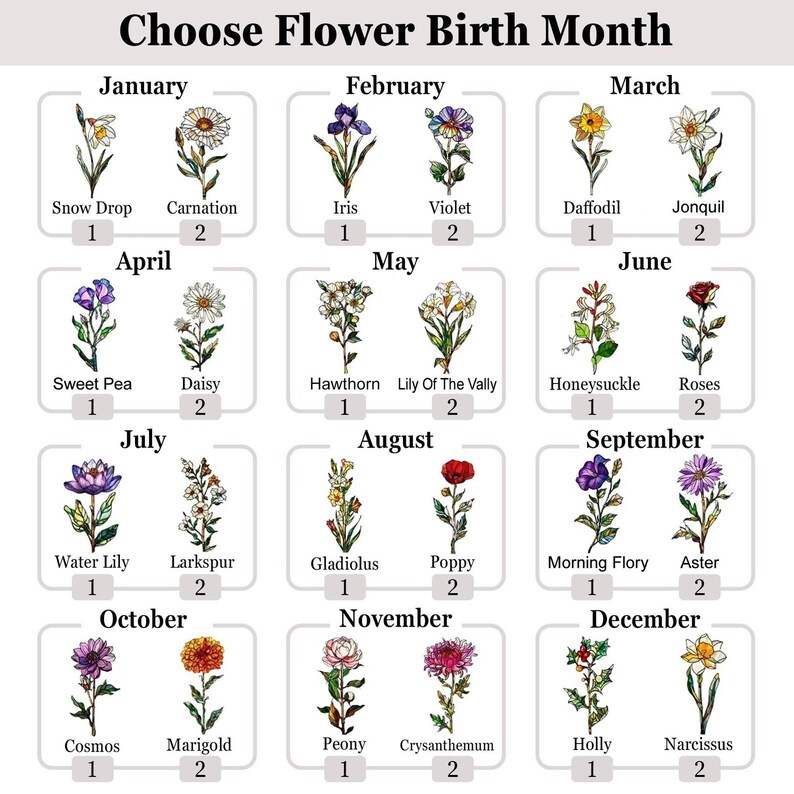 May include: A graphic featuring a grid of floral illustrations, each representing a birth month. The text "Choose Flower Birth Month" is at the top. Each month displays two flowers with their names and numbers. Includes Snow Drop, Iris, Daffodil, Sweet Pea, Hawthorn, Honeysuckle, Water Lily, Gladiolus, Morning Flory, Cosmos, Peony, and Holly.