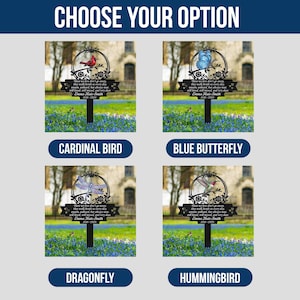May include: Four black metal garden stakes with decorative toppers featuring a cardinal bird, blue butterfly, dragonfly, and hummingbird. Each stake has a banner with text and a name and dates.