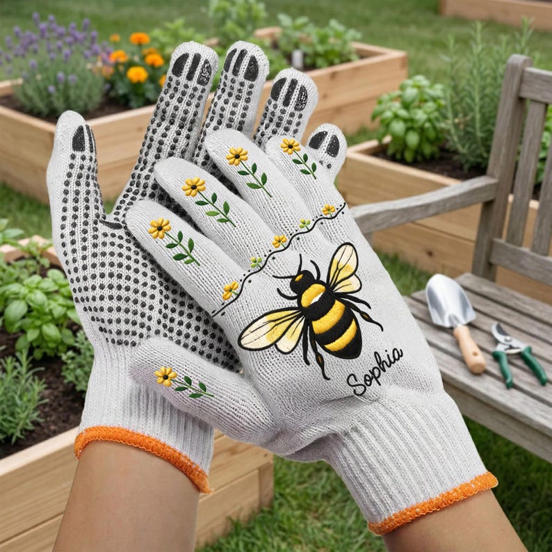 Op de afbeelding: Een paar witte tuinhandschoenen met een zwart-gele bijenillustratie, kleine gele bloempatronen en de naam Sophia in zwarte letters. De handpalmen en vingers hebben zwarte stippen voor grip en de handschoenen hebben oranje boorden.