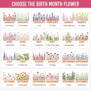 Puede incluir: Un gr&aacute;fico decorativo con el texto "CHOOSE THE BIRTH MONTH FLOWER" en la parte superior. Cada mes est&aacute; representado por dos flores, incluyendo clavel, iris, flor de cerezo, guisante de olor, espino, madreselva, espuela de caballero, gladiolo, aster, cosmos, crisantemo y acebo.