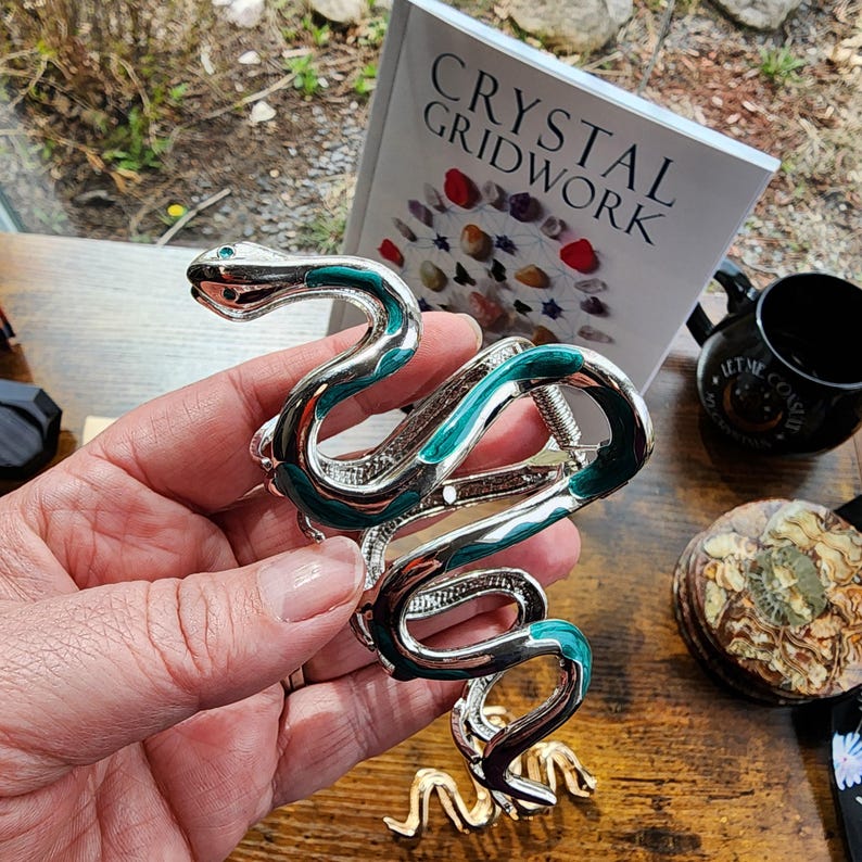 May include: Silver-toned snake bracelet with teal enamel accents. The serpent design features a coiled body and a detailed head. A book titled "Crystal Gridwork" is visible in the background.