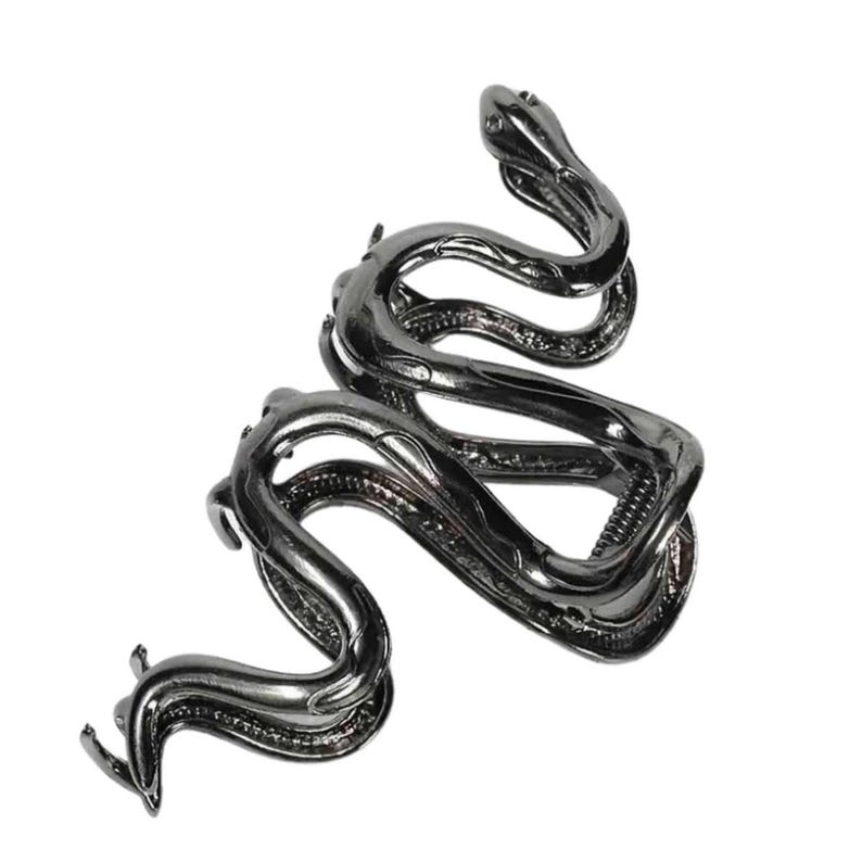 May include: A dark gray metal snake-shaped cuff bracelet. The bracelet coils around itself, with the head and tail of the snake visible. The design is detailed, with textured scales and a sleek, polished finish. The jewelry is set against a white background.