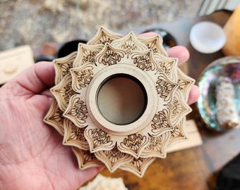 Lotus Crystal Sphere Stand | Wooden Mandala Display | 4.4” Wide | Holds 1.26” Sphere Base | Crystal Ball Holder | Altar & Meditation Decor